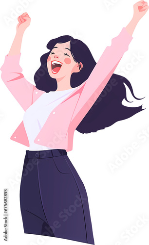 Young pretty woman hooray happy smiling and jumping. Full body character. Hand-drawn style minimal design illustration. photo