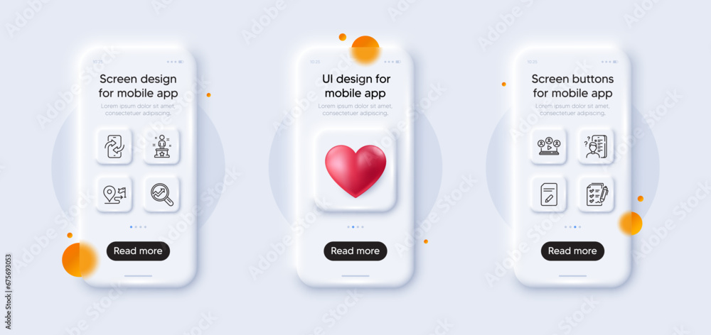 Survey checklist, Edit document and Phone transfer line icons pack. 3d phone mockups with heart. Glass smartphone screen. Journey, Video conference, Success web icon. Vector