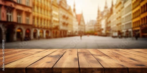 The empty wooden table top with blur background of European street in autumn. Exuberant image. generative AI © Summit Art Creations