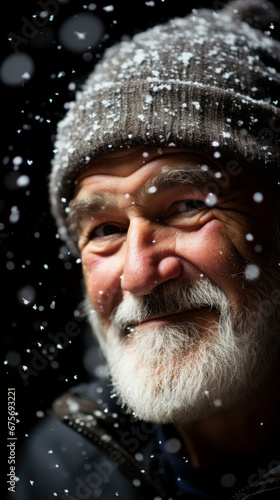 Elderly Man Smiling During Snowfall at Night  