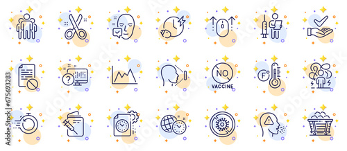 Outline set of Swipe up, Fast recovery and Wrong file line icons for web app. Include Cut, Dermatologically tested, Group pictogram icons. Time management, Stop coronavirus, Online quiz signs. Vector