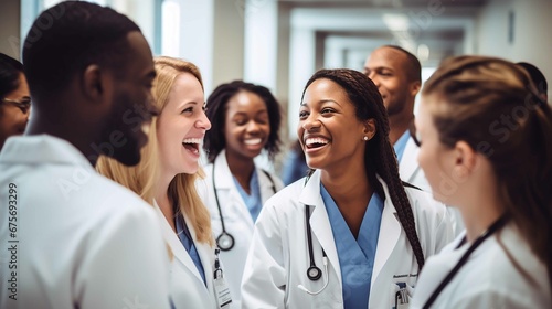 The photograph captures a moment of joy and satisfaction in a hospital setting. In a brightly lit hospital corridor, a group of doctors and nurses gather in a circle, sharing laughter and smiles