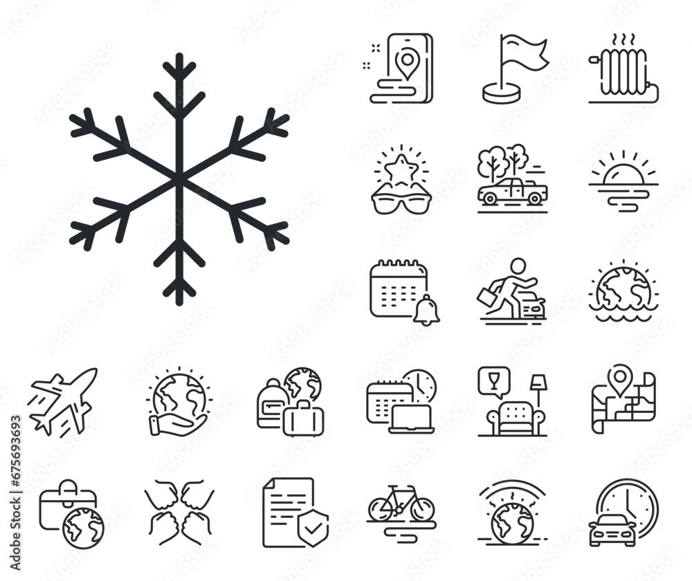 Winter snowflake sign. Plane jet, travel map and baggage claim outline icons. Snow weather forecast line icon. Air conditioning symbol. Snowflake line sign. Car rental, taxi transport icon. Vector Winter snowflake sign. Plane jet, travel map and baggage claim outline icons. Snow weather forecast line icon. Air conditioning symbol. Snowflake line sign. Car rental, taxi transport icon. Vector