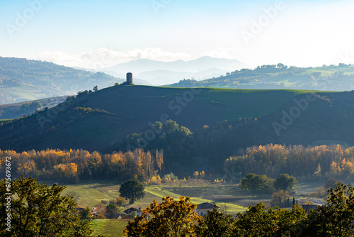 View of an ancient tower on Montefeltro in Italy's Marche region, near Tavoleto, in autumn.