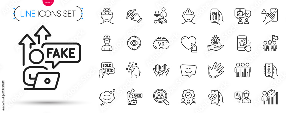 Pack of Vr, Inclusion and Foreman line icons. Include Bid offer, Smile face, Fair trade pictogram icons. Repairman, Search employees, Puzzle signs. Dont touch, Cleaning, Teamwork. Vector