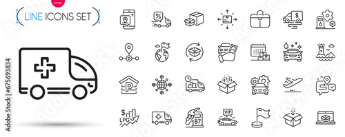 Pack of Handbag, Rent car and Vip transfer line icons. Include Journey, Return parcel, Milestone pictogram icons. Open box, Car service, Delivery signs. Lighthouse, Cardboard box. Vector