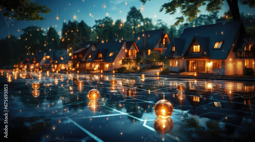 Digital community, smart homes and digital community. DX, Iot, digital network in society concept. suburban houses at night with data transactions.