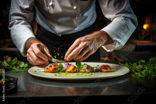 Close-up view of hands of chef preparing tasty fresh gourmet dish on white plate