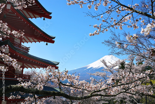 Mount Fuji in spring and a traditional Japanese-style pagoda. photo
