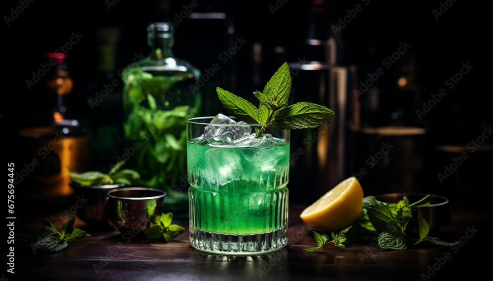 two glasses of green liquid with ice and mint leaves two glasses of green liquid with ice and mint leaves