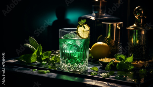 two glasses of green liquid with ice and mint leaves