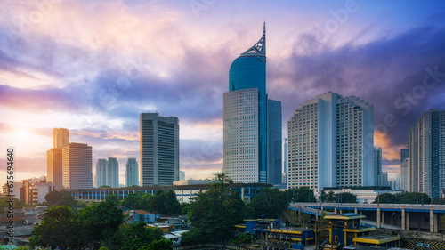 skyscrapers and multi lane highway in large urban city center Cityscape of high rise buildings in Jakarta  Indonesia