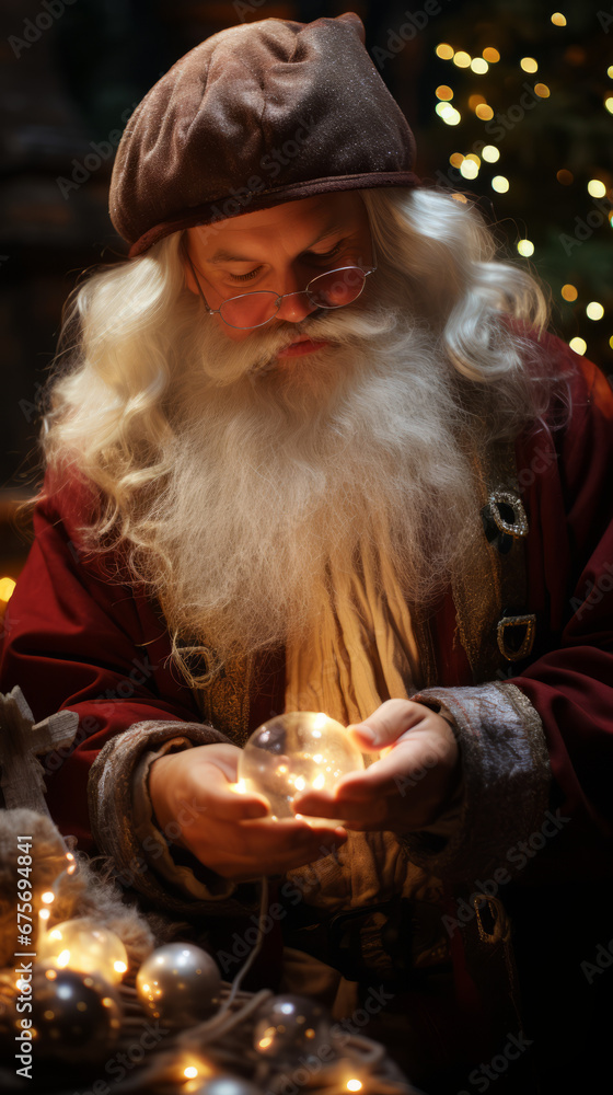 Enchanted Santa Claus Holding Magical Lights

