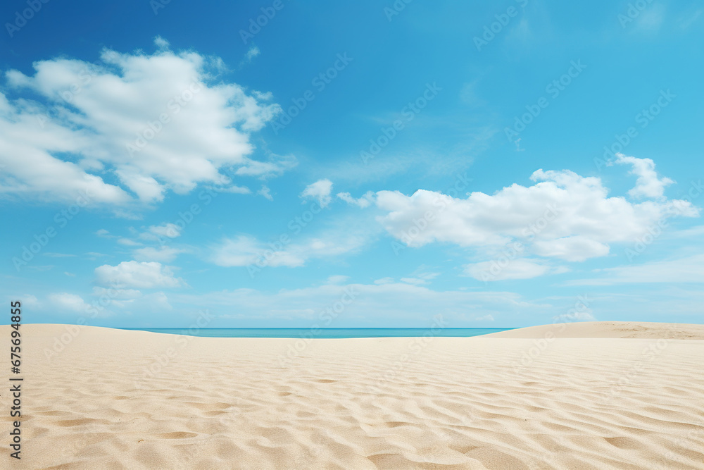 White sand and blue sky. Vacation, travel, beach holiday concept. Generated by artificial intelligence