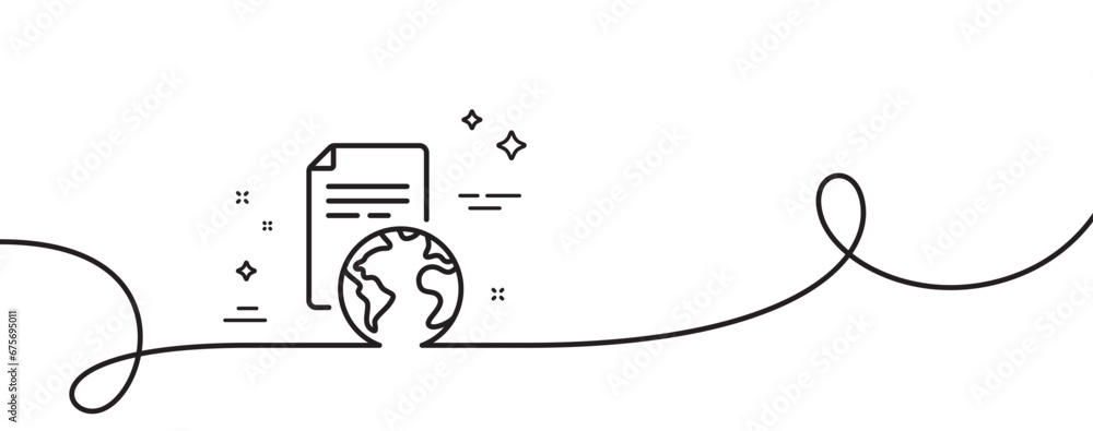 Global business documents line icon. Continuous one line with curl. Translation service sign. Internet marketing symbol. Translation service single outline ribbon. Loop curve pattern. Vector