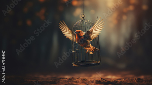 Bird cage empty, bird escape, freedom concept,Escaping from the cage photo