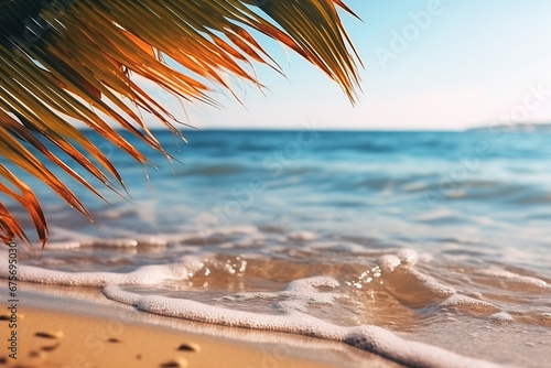 Palm leaves close-up against the backdrop of a seascape with waves. Vacation, travel, beach holiday concept. Generated by artificial intelligence © Vovmar