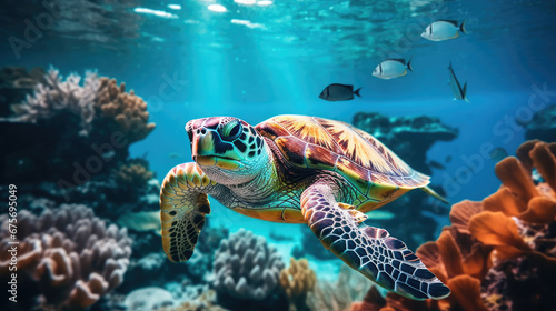 turtle swimming among fishes in blue water of ocean. Beautiful nature underwater world concept,