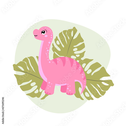 Cute Dinosaurs seamless pattern. Children pattern with dinos  palms and berries. Perfect for fashion clothes  shirt  fabrics  textiles. Scandinavian design. Vector Kids pink dino.