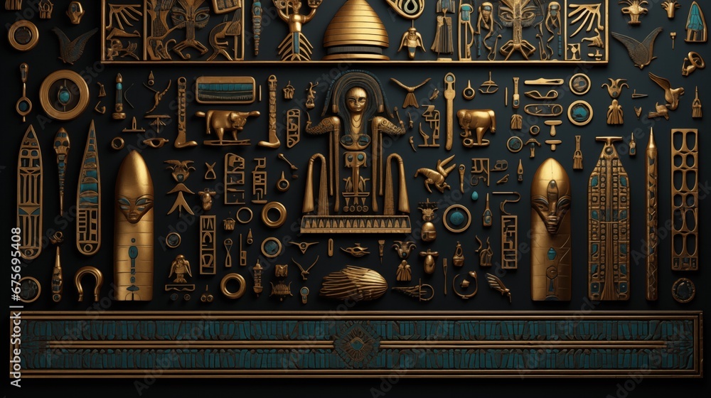 Ancient Egyptian hieroglyphs, pyramids, mysterious signs, Pharaoh, golden figures. - obrazy, fototapety, plakaty 