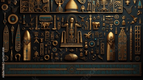 Ancient Egyptian hieroglyphs, pyramids, mysterious signs, Pharaoh, golden figures.