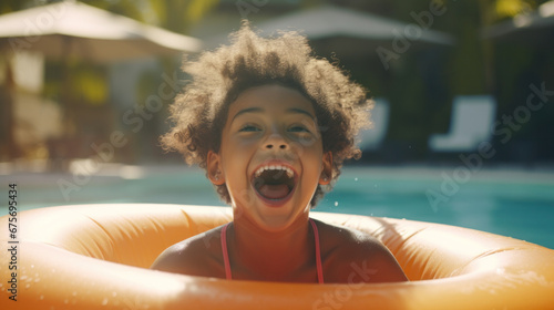 Young boy kid child eight years old splashing in swimming pool having fun leisure activity
