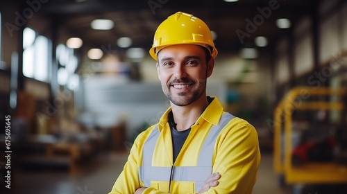 A men with safety yellow helmet smile to the camera at the logistic workplace