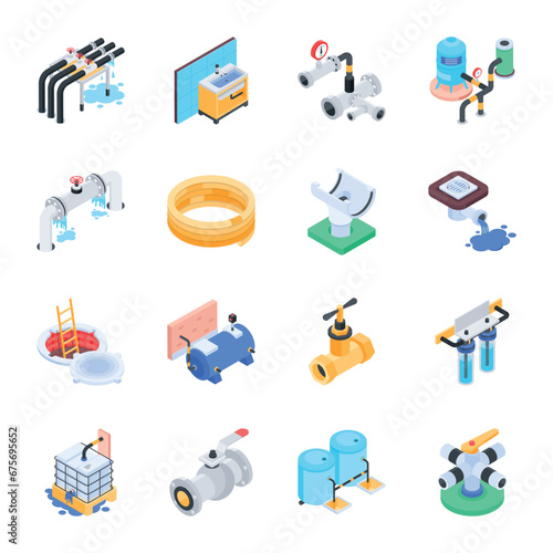 Trendy Isometric Icons of Plumbing Works 

