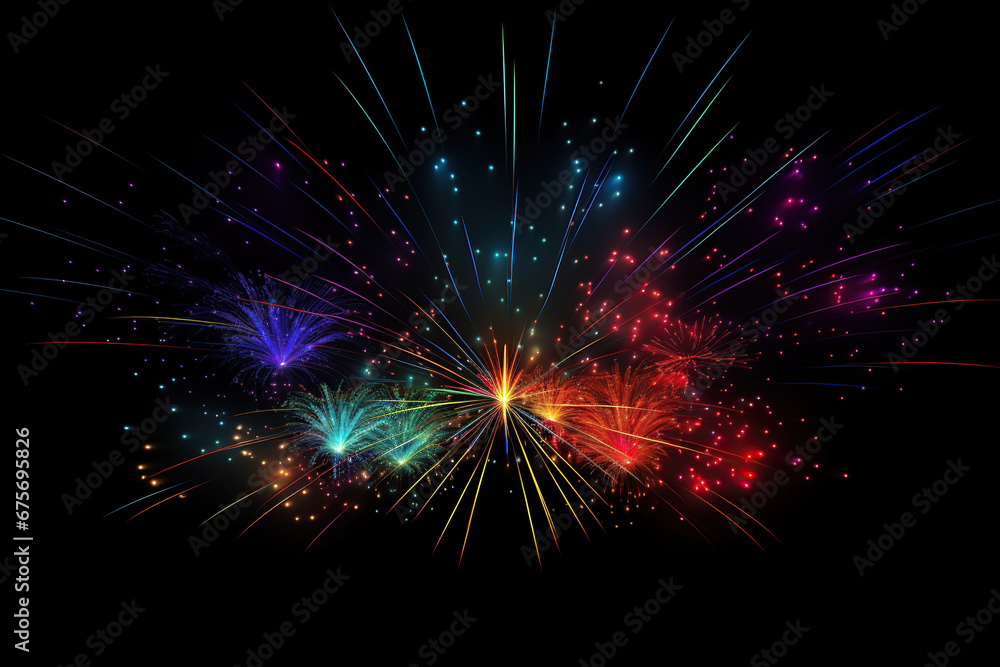 Fototapeta premium Colorful fireworks on a black background. Vector illustration. 