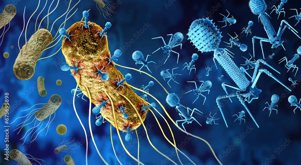 Phage and Bacteriophage attacking bacteria as a virus that infects bacteria as a bacterial virology symbol as a pathogen that attacks bacterial infections as a bacteriophages background. - obrazy, fototapety, plakaty 
