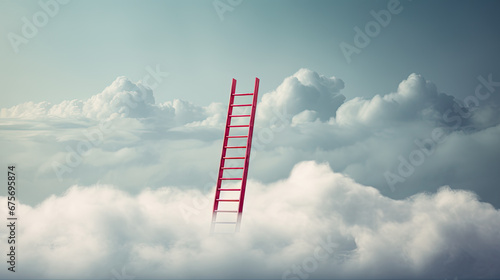 goal reching concept with red ladder reaching the clouds. Concept for growth and internet cloud networking.