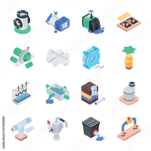 Set of Plumbing Pipework Isometric Icons 

