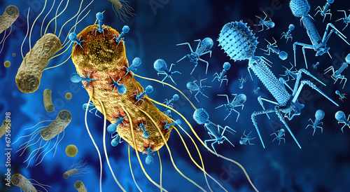 Phage and Bacteriophage attacking bacteria as a virus that infects bacteria as a bacterial virology symbol as a pathogen that attacks bacterial infections as a bacteriophages background. photo