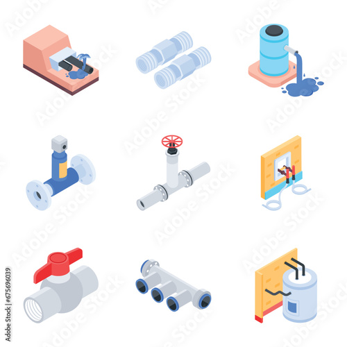 Bundle of Plumbing Tools Isometric Icons 

