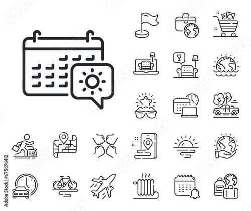 Trip planning sign. Plane jet, travel map and baggage claim outline icons. Travel calendar line icon. Holidays symbol. Travel calendar line sign. Car rental, taxi transport icon. Vector
