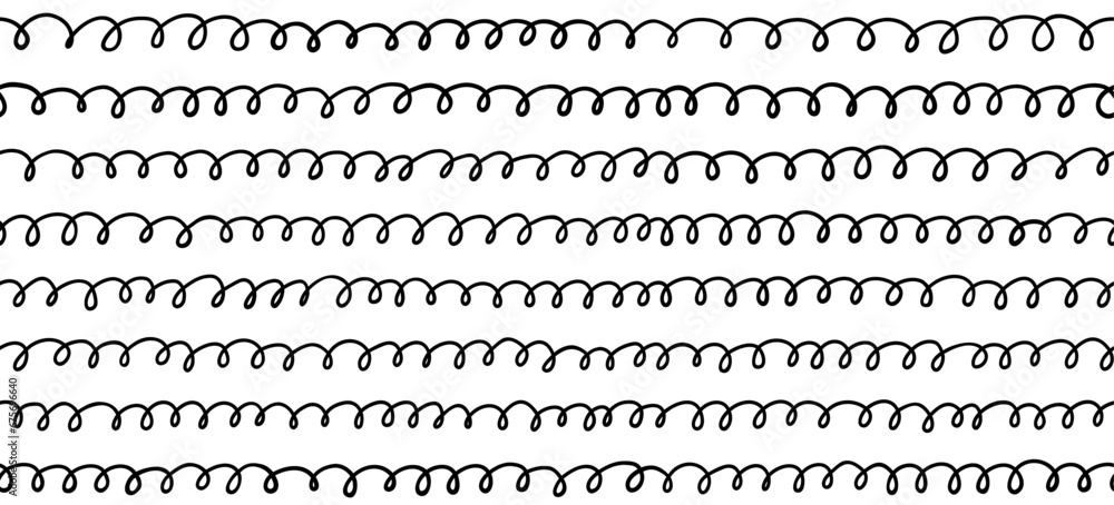 Doodle loop seamless pattern. Abstract black horizontal hand drawn loop lines seamless pattern. Geometric repeating swirled stripes. Wavy fabric texture. Vector illustration on white background. Doodle loop seamless pattern. Abstract black horizontal hand drawn loop lines seamless pattern. Geometric repeating swirled stripes. Wavy fabric texture. Vector illustration on white background.