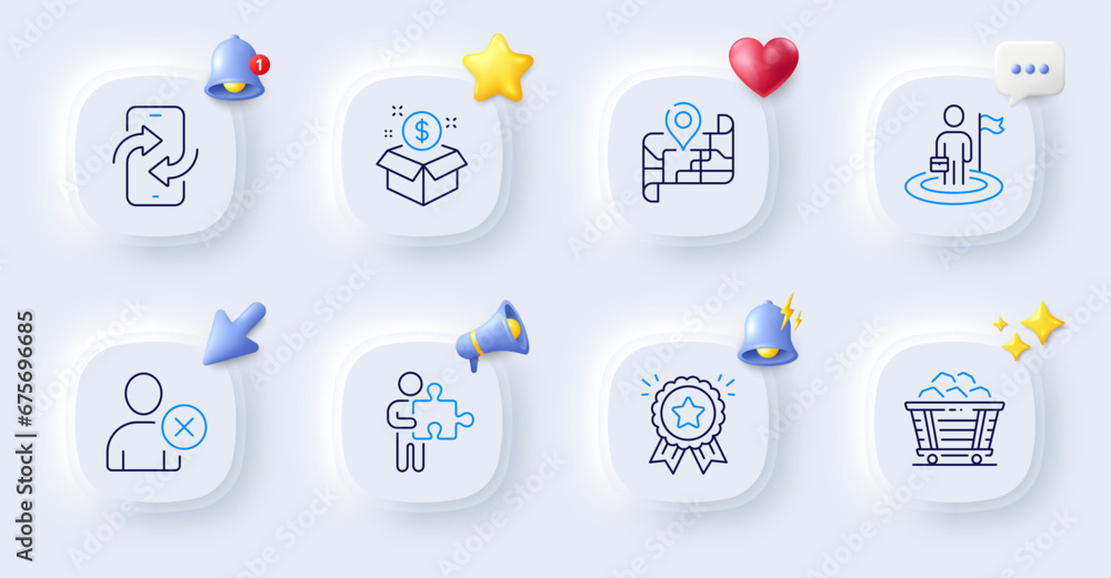 Puzzle, Delete user and Phone transfer line icons. Buttons with 3d bell, chat speech, cursor. Pack of Loyalty award, Map, Leadership icon. Coal trolley, Post package pictogram. Vector Puzzle, Delete user and Phone transfer line icons. Buttons with 3d bell, chat speech, cursor. Pack of Loyalty award, Map, Leadership icon. Coal trolley, Post package pictogram. Vector