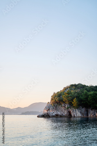 Rocky cliff overgrown with forest against the backdrop of a mountain coast near the sea © Nadtochiy