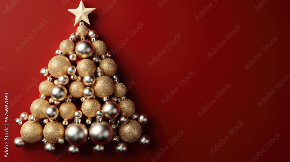 Decorated Christmas tree lying on red background with copy space Decorated Christmas tree lying on red background with copy space