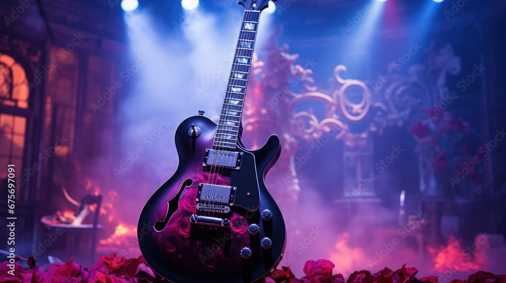 Obraz premium Close up of electric guitar on a stage during rock concert.