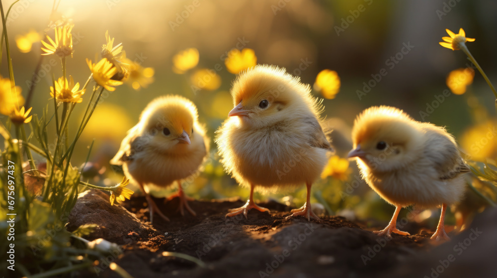 small cute fluffy yellow chicken, bird, Easter symbol, spring, nature, postcard, animal, grass, pet, chick, baby, beak, feathers, close-up, tousled, beauty, rustic, farm, flower, dandelion