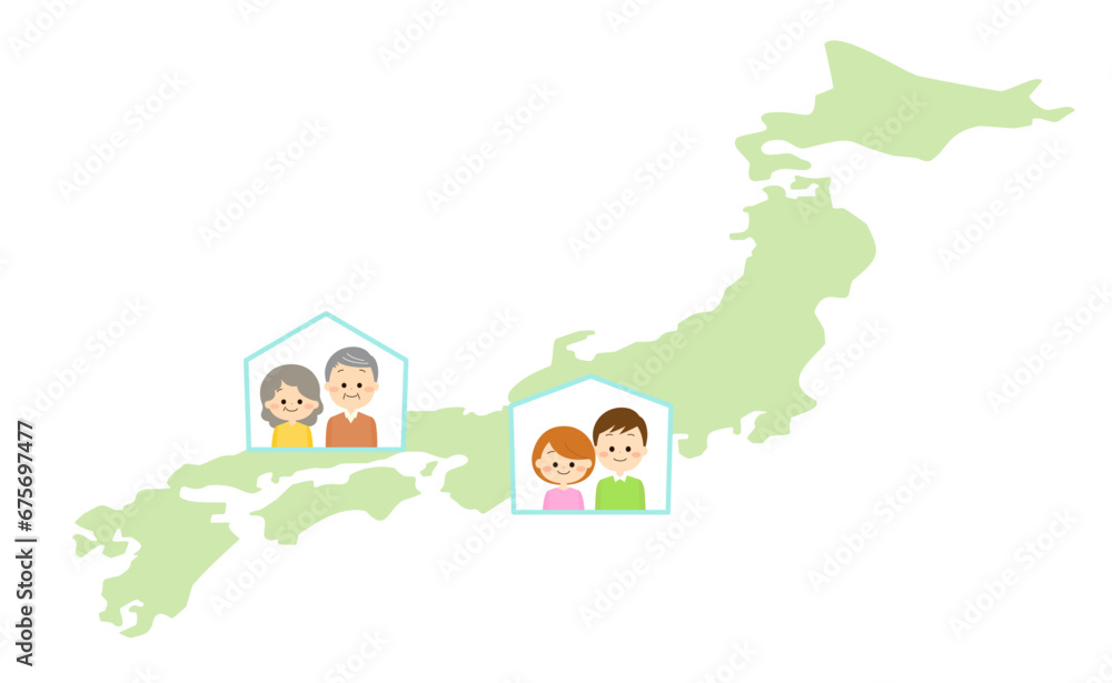 日本地図と高齢者夫婦と若い夫婦 日本地図と高齢者夫婦と若い夫婦