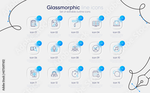 Set of Group, No music and Inclusion line icons for web app. Startup, Business report, Team work icons. Accounting report, Paint roller, Search book signs. Video conference, Calendar, Timer. Vector