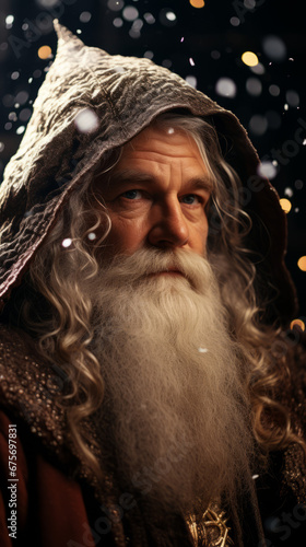 Portrait of Man Dressed as Santa Claus with Snow Falling