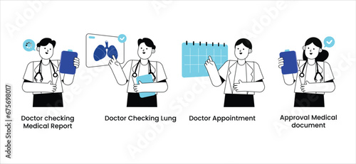 Health medical illustration with doctor checking
medical report, doctor checking lung, doctor appointment and approval medical document. vector illustration