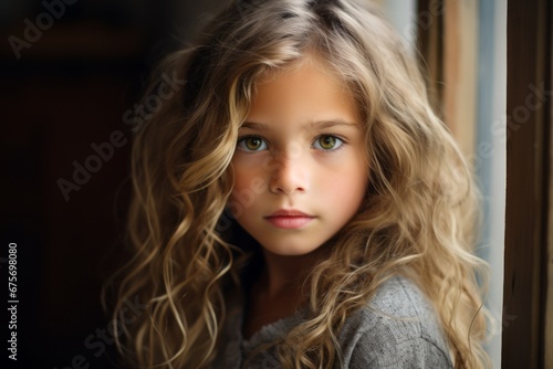 Portrait of a beautiful little girl with long blond curly hair.