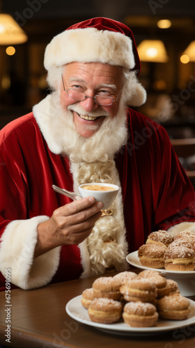 Cheerful Santa Claus Enjoying Cookies and Milk
