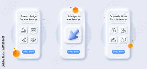Vip shopping, Seo script and Full rotation line icons pack. 3d phone mockups with cursor. Glass smartphone screen. Airport transfer, Users, Package size web icon. Vector