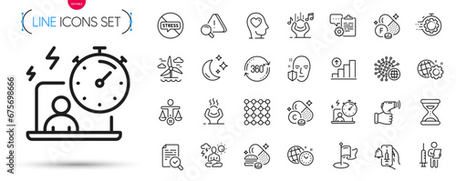 Pack of Milestone, Fluorine mineral and Difficult stress line icons. Include Vaccination announcement, Density, Ethics pictogram icons. Seo gear, Seo timer, Timer signs. Inspect, Time. Vector