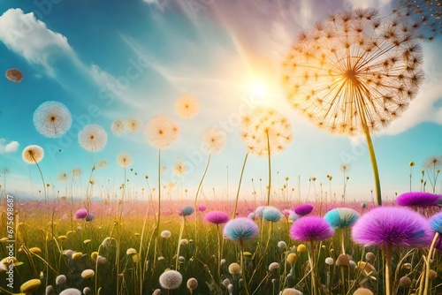 A surreal meadow field with oversized dandelion flowers and a sky filled with abstract  colorful patterns  a dreamlike and whimsical atmosphere